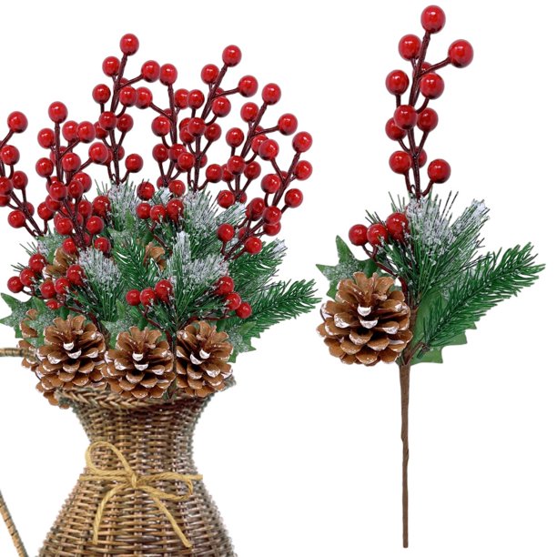 Pine Holly Flower Picks 10 Pieces Snow Flocked Red Holly