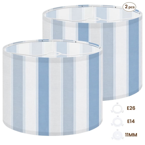 2pcs Set Drum Lampshades (13"x 13"x 10"), Blue White Striped Soft Gradient Design Fabric Large Replacement Shades for Table, Floor, and Pendant Lamps, Simple Assembly Needed.