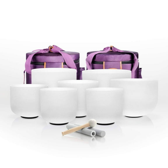 TOPFUND 432Hz Chakra Set of 7 Crystal Singing Bowls 7-12 inch with Heavy duty carrying cases and Suede Sticks