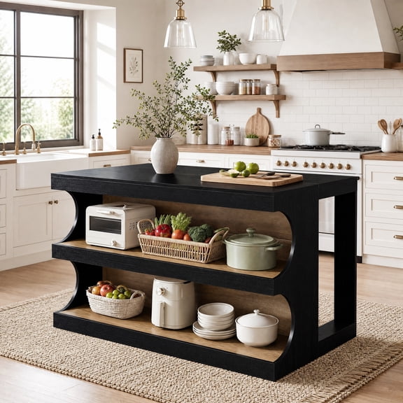 Fnova 55" Kitchen Island Table with Storage, 3-Tier Farmhouse Stationary Island Table with Large Countertop, Black