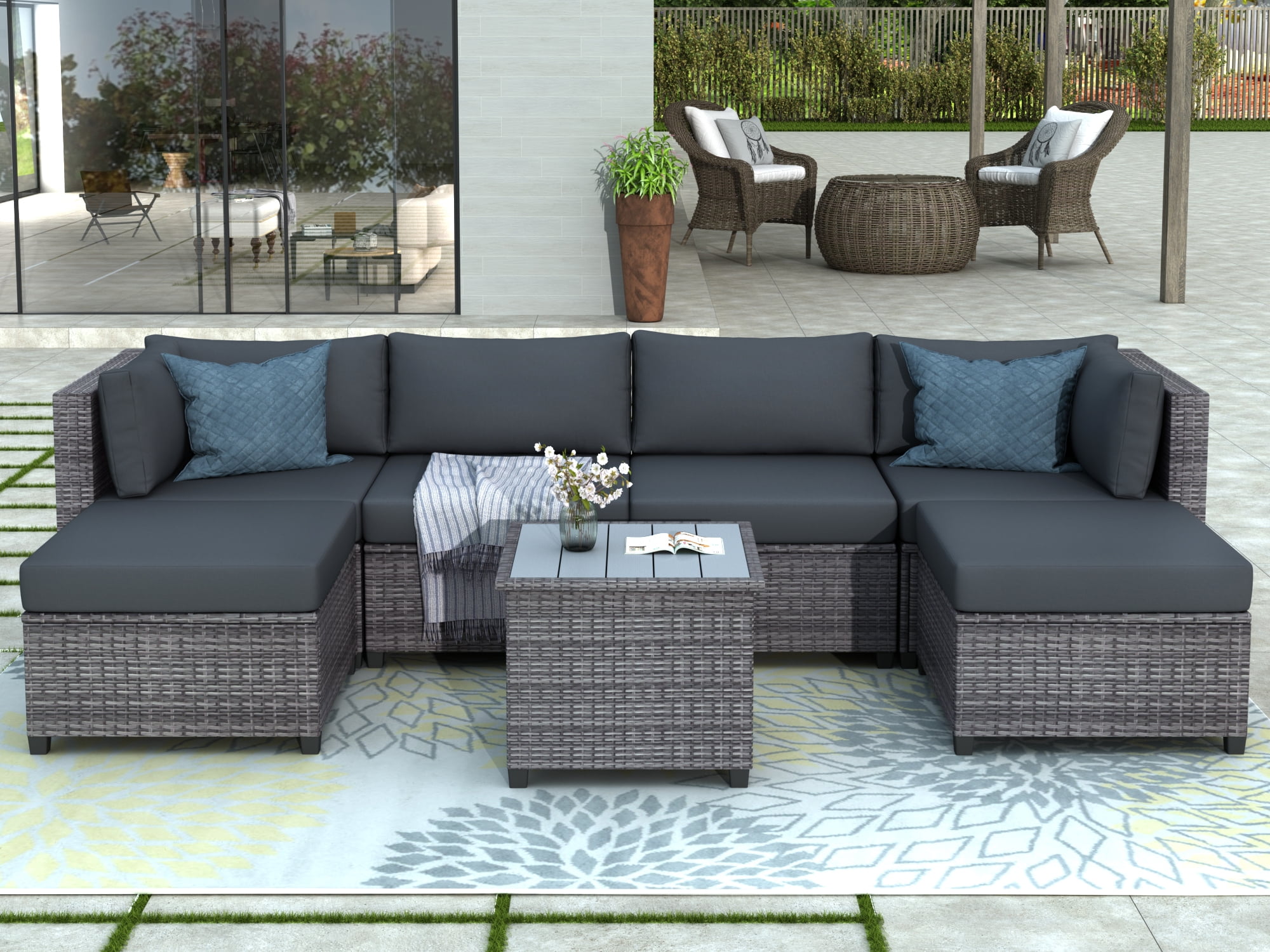 7 Piece Patio Furniture Set with 4 Rattan Wicker Chairs, 2 Ottoman, Coffee Table, All-Weather ...