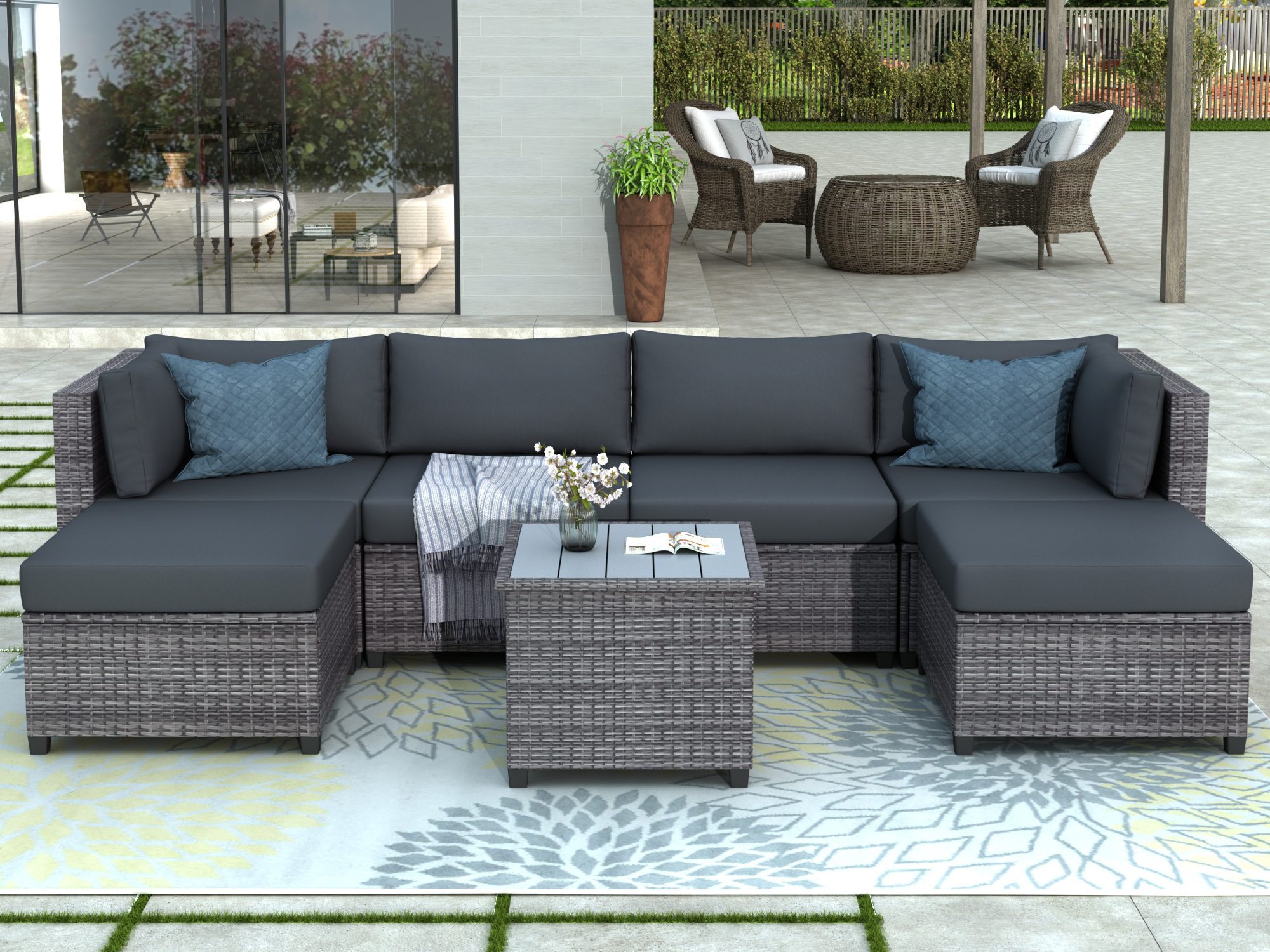 4 Pcs All-Weather Outdoor Checkered Wicker Rattan Conversation Sofa Set Glass Coffee Table with Removable Cushion. Black -5pcs Okeysen Patio Furniture Sets