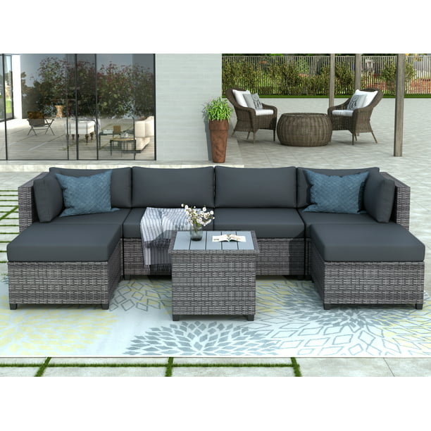 Patio Furniture Set Clearance 7 Piece Sets With 4 Rattan Wicker Chairs 2 Ottoman Coffee Table All Weather Sectional Sofa Cushions For Backyard Garden Pool L5009 Com - Patio Furniture Sectional Clearance