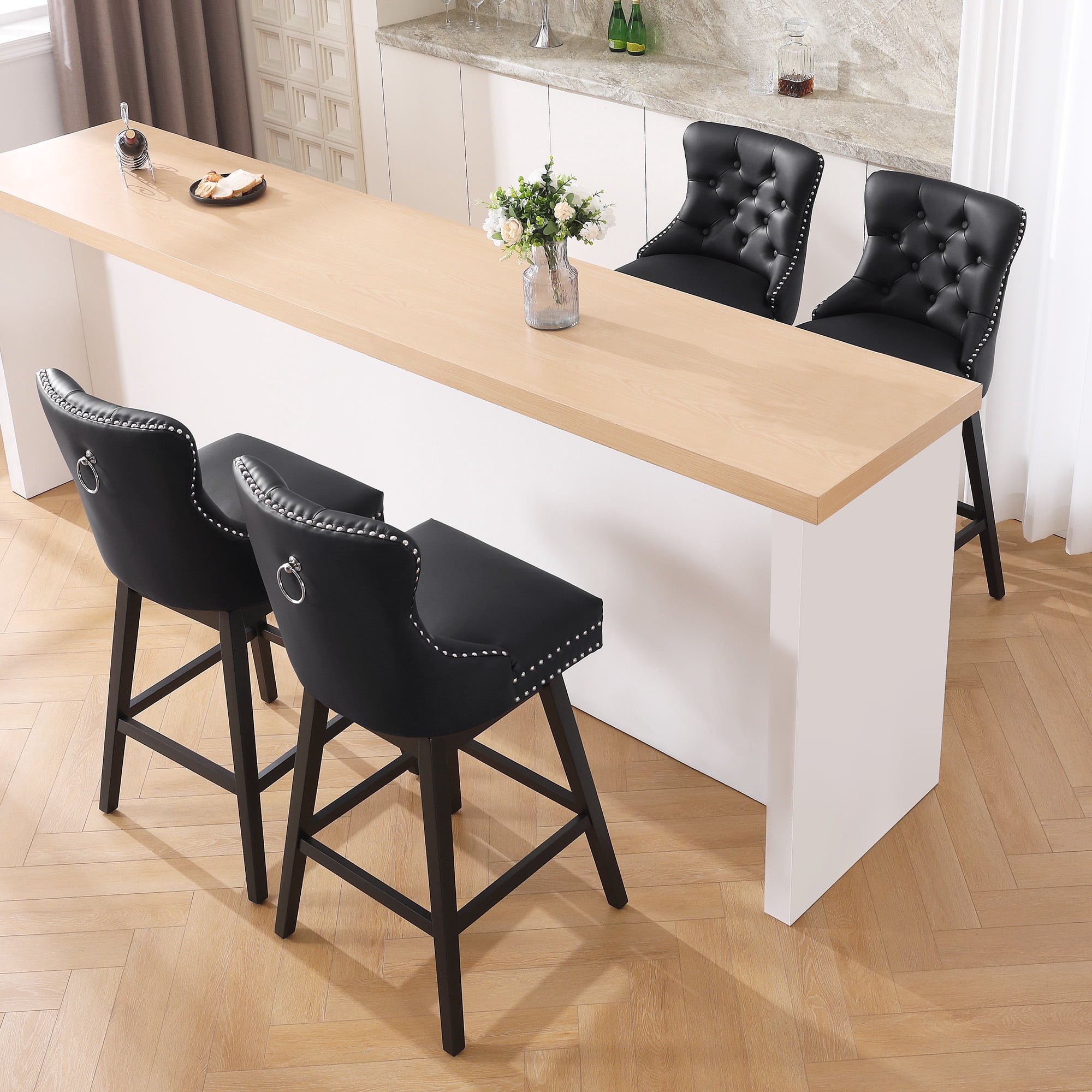 Tewloss 30" Swivel Bar Stools Set of 4 With Back Leather Bar Height Chairs for Home Kitchen, Black