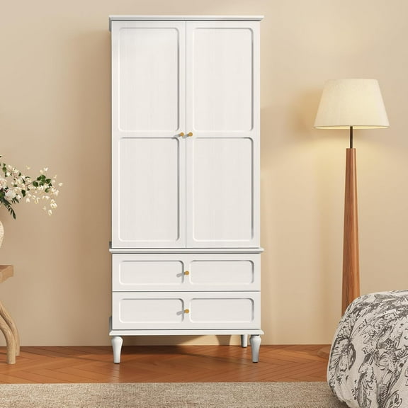 HLR 71" Mid-Century Modern Armoire Wardrobe Closet with Doors and Drawers,Wooden Armoire Storage Cabinet with Hanging Rod for Bedroom,Large Capacity Storage,White