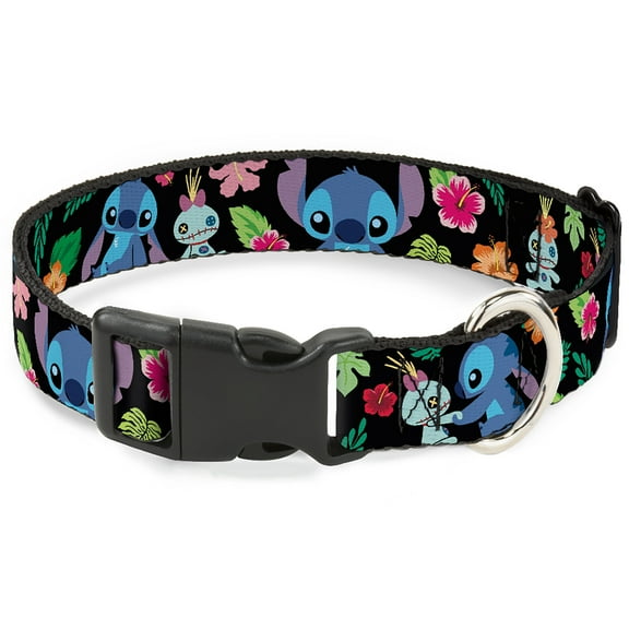 Disney Pet Collar, Dog Collar Plastic Buckle, Stitch Scrump Poses Tropical Flora, 7 to 8.5 Inches 0.5 Inch Wide