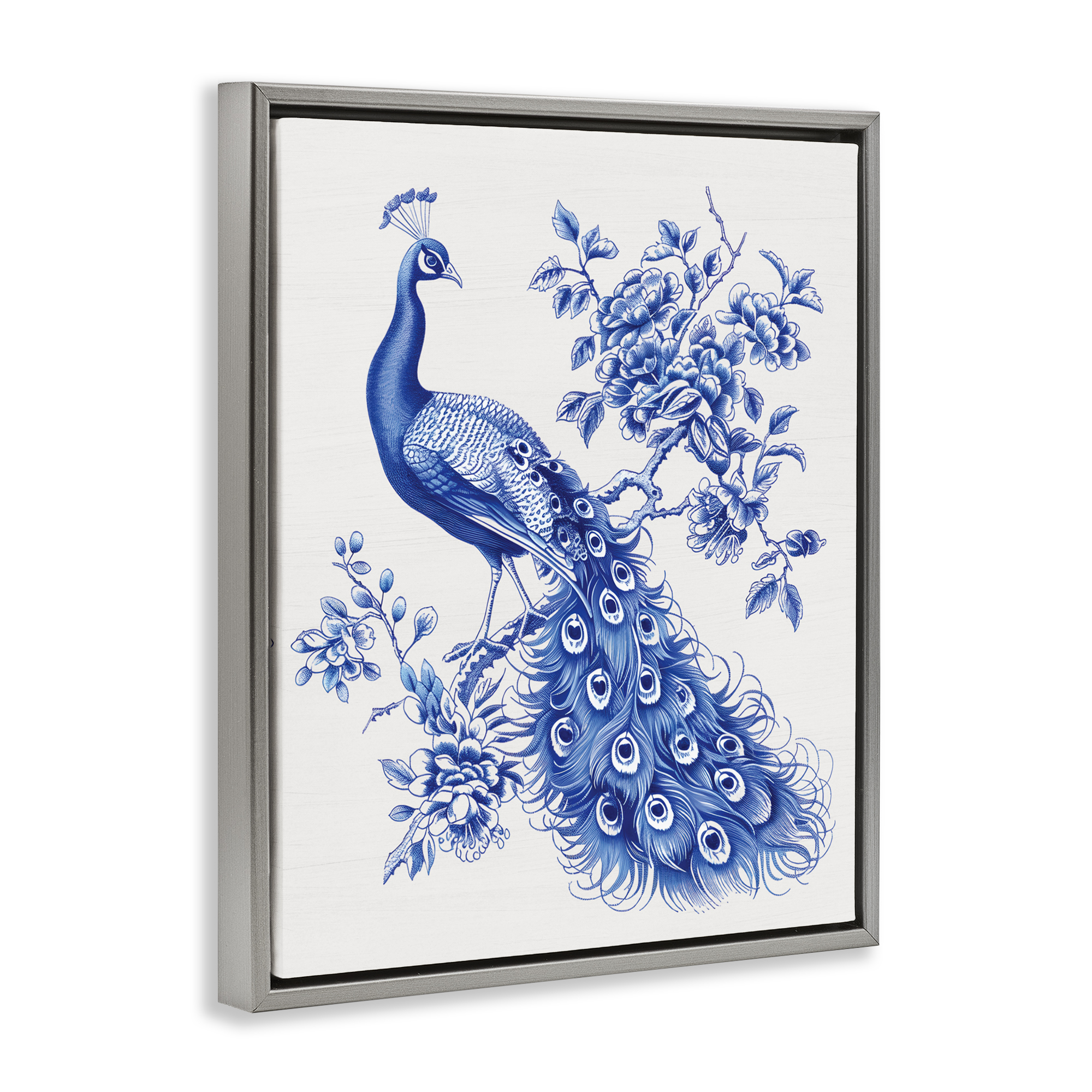 Vintage Peacock in Toile Style Gray Framed Floater Canvas Wall Art, design by Lettered and Lined