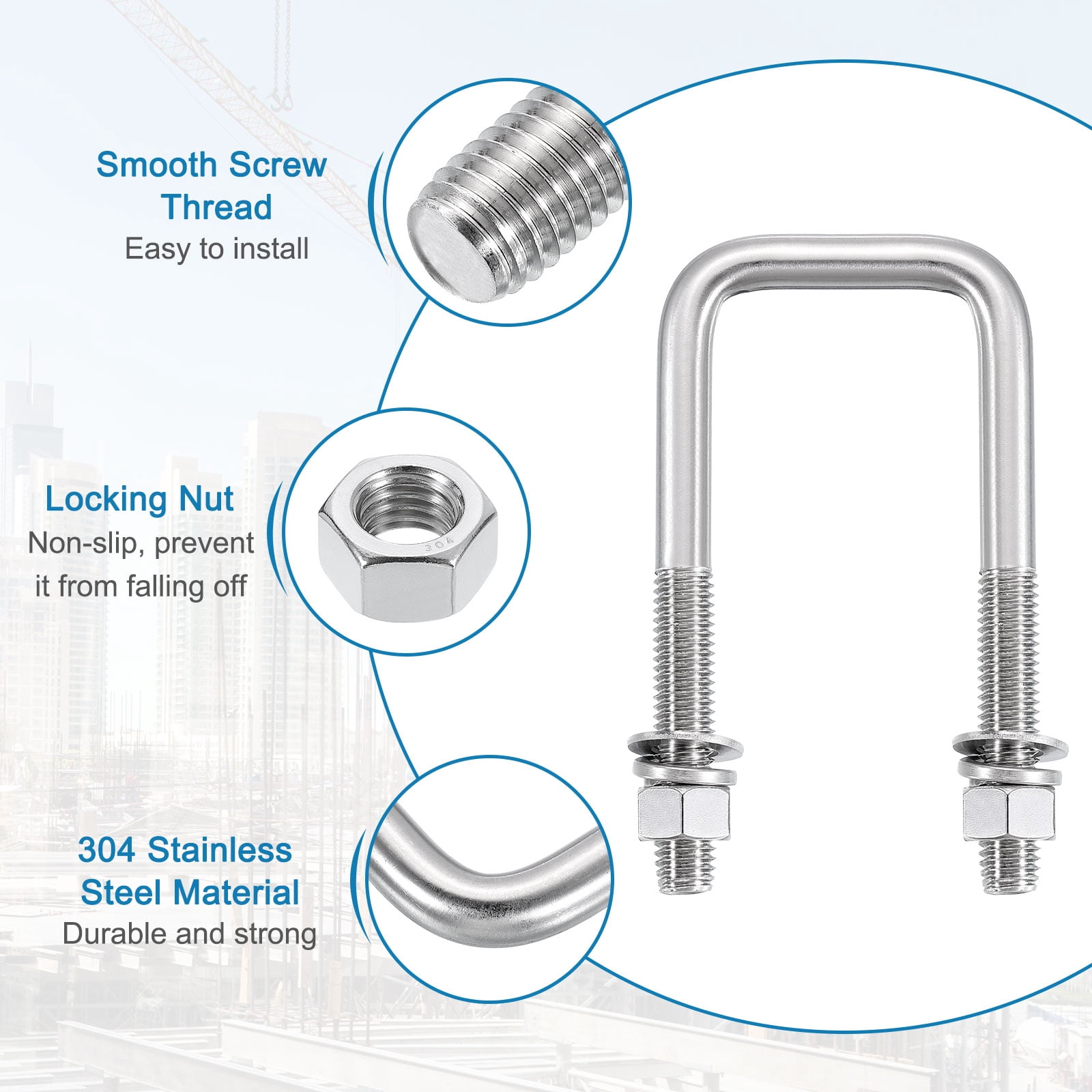Uxcell U Bolts, 4 Set 2-1/16" x 4-3/4" - 304 Stainless Steel Square U Bolt with Washers and Nuts, Heavy Duty U-Bolts for Boat Trailer Ski Boat Trailer Sailboat Industrial Fasteners