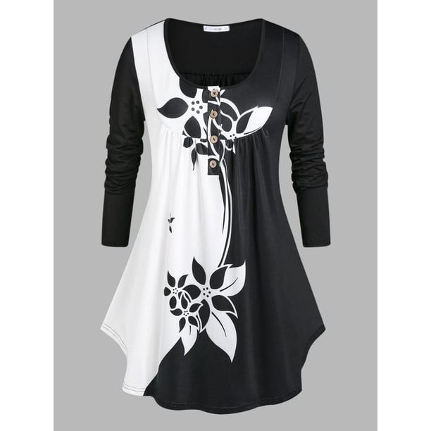 Talla grande ColorBlock Floral Print camiseta Rosegal Mangas largas de talla grande
