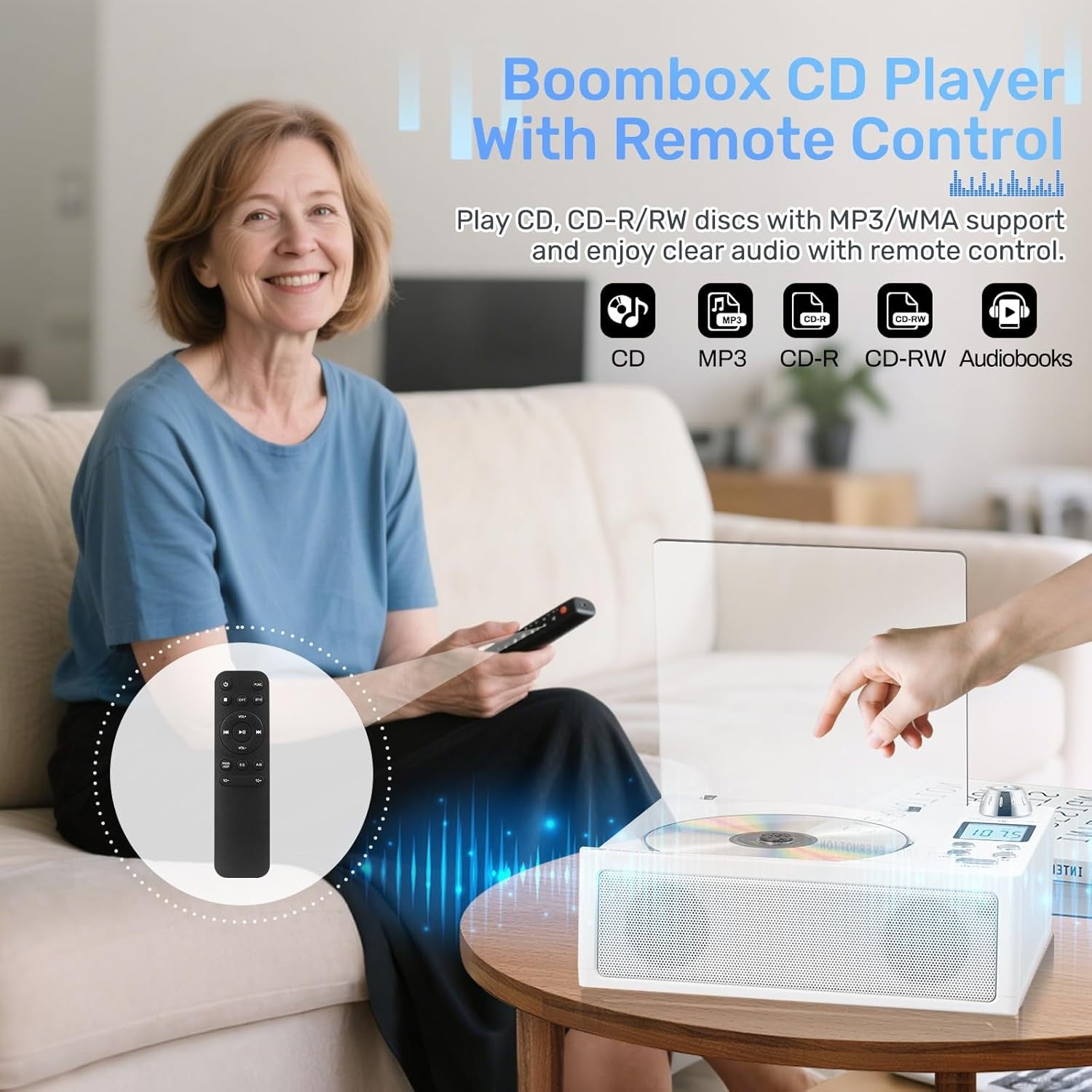CD Player Boombox with LCD Screen Display, Bluetooth Rechargeable Boombox with CD-R/RW/MP3 Playback, Desktop CD Music Players for Home, Dual Stereo Sound, FM Radio/AUX/USB/TF