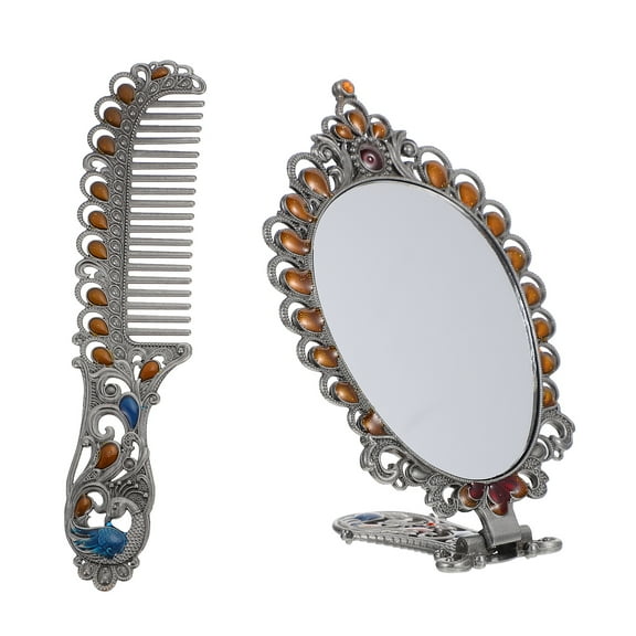 1Set Vintage Style Mirror Small Portable Makeup Mirror Comb Set for Female