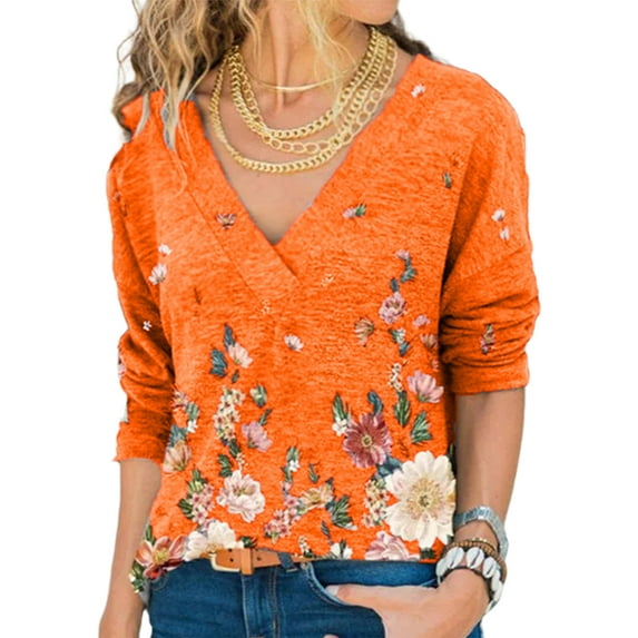 FASHIONWT Women Long Sleeve Plunging Neckline Graphic Cotton Tunic T-Shirts