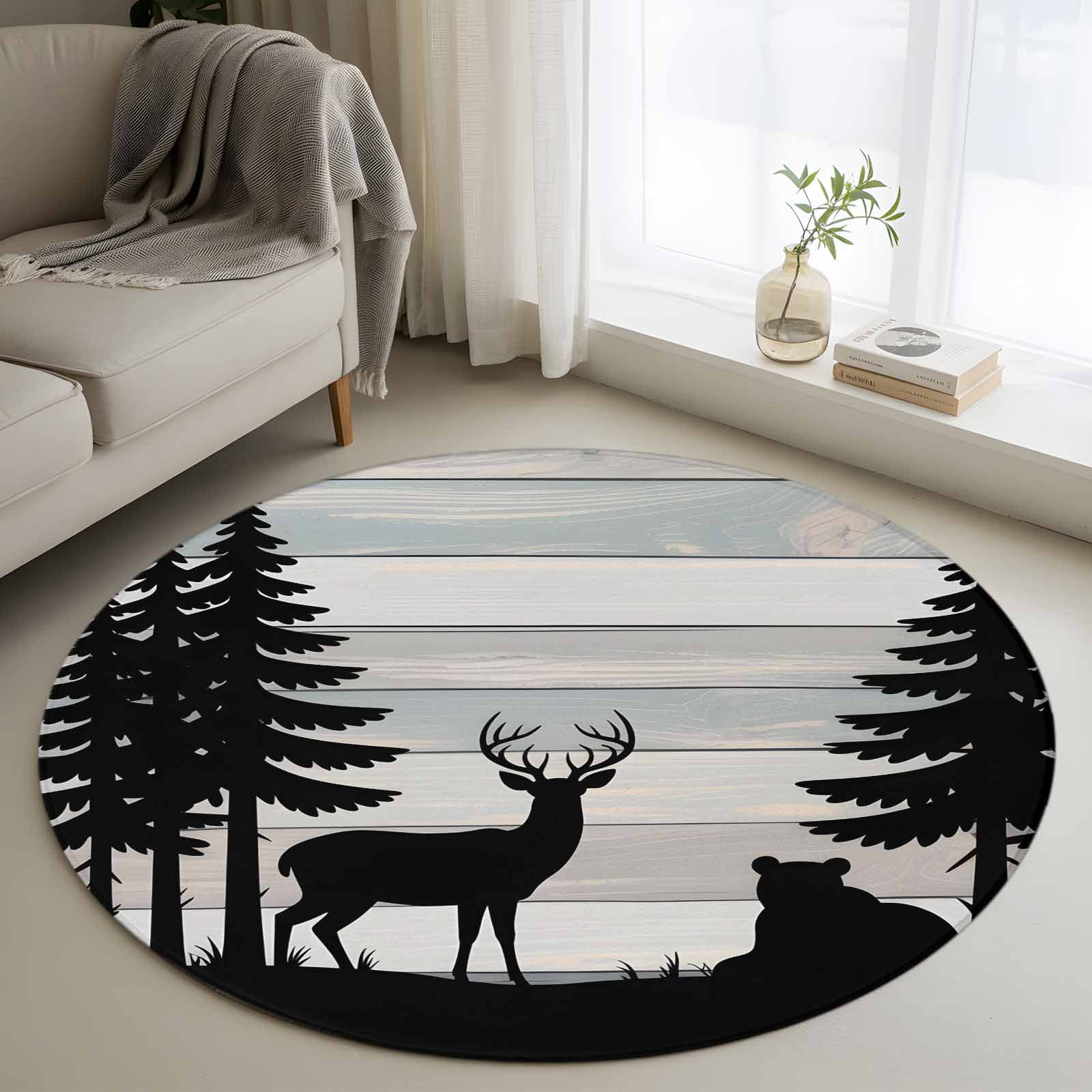 Elk Bear Silhouette Round Living Room Rugs 4 ft Forest Tree Nature Washable Area Rug with Non-Slip Sturdy Edge Binding Round Carpet for Entryway Kitchen Bedroom Bathroom