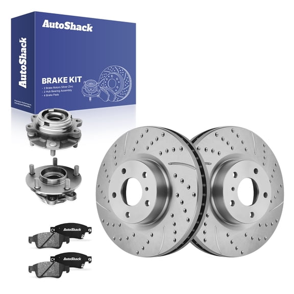 AutoShack Front Vented Drilled & Slotted Silver Zinc Coated Brake Rotors   Ceramic Pads   Hub Bearing Assembly 8-PC Brake Kit Replacement for 2009-2010 INFINITI G37 SilverShield Pro 12.58" (319.6 mm)