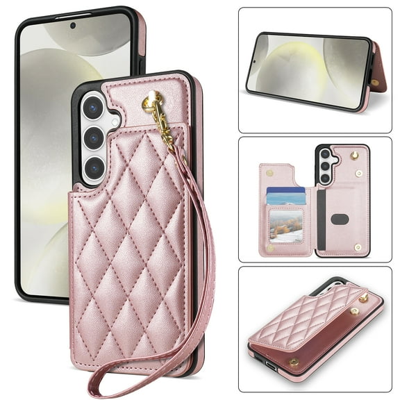 Wallet Cover for Samsung Galaxy A14 5G, with Wrist Strap Card Holder Magnetic Snap Back PU Leather Credit Card Slots Stand Classic Phone Case Cover for Samsung Galaxy A14 5G, Rosegold