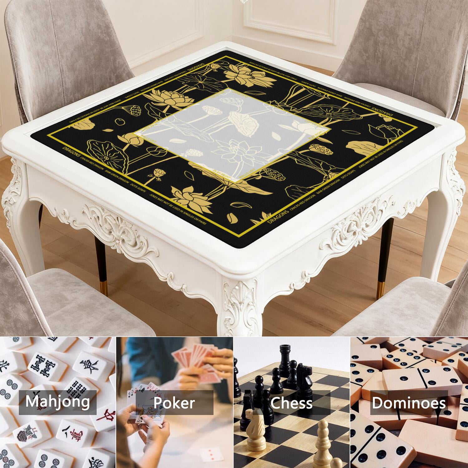 Golden Mahjong Mat with Rules, 31.5*31.5in Anti Slip American Mahjong Mat for Table, Noise Reduction, Neoprene Mah jongg Mats with Carrying Bag & 3 Dices, Mahjong Set Gift, Board Tile Games Mats