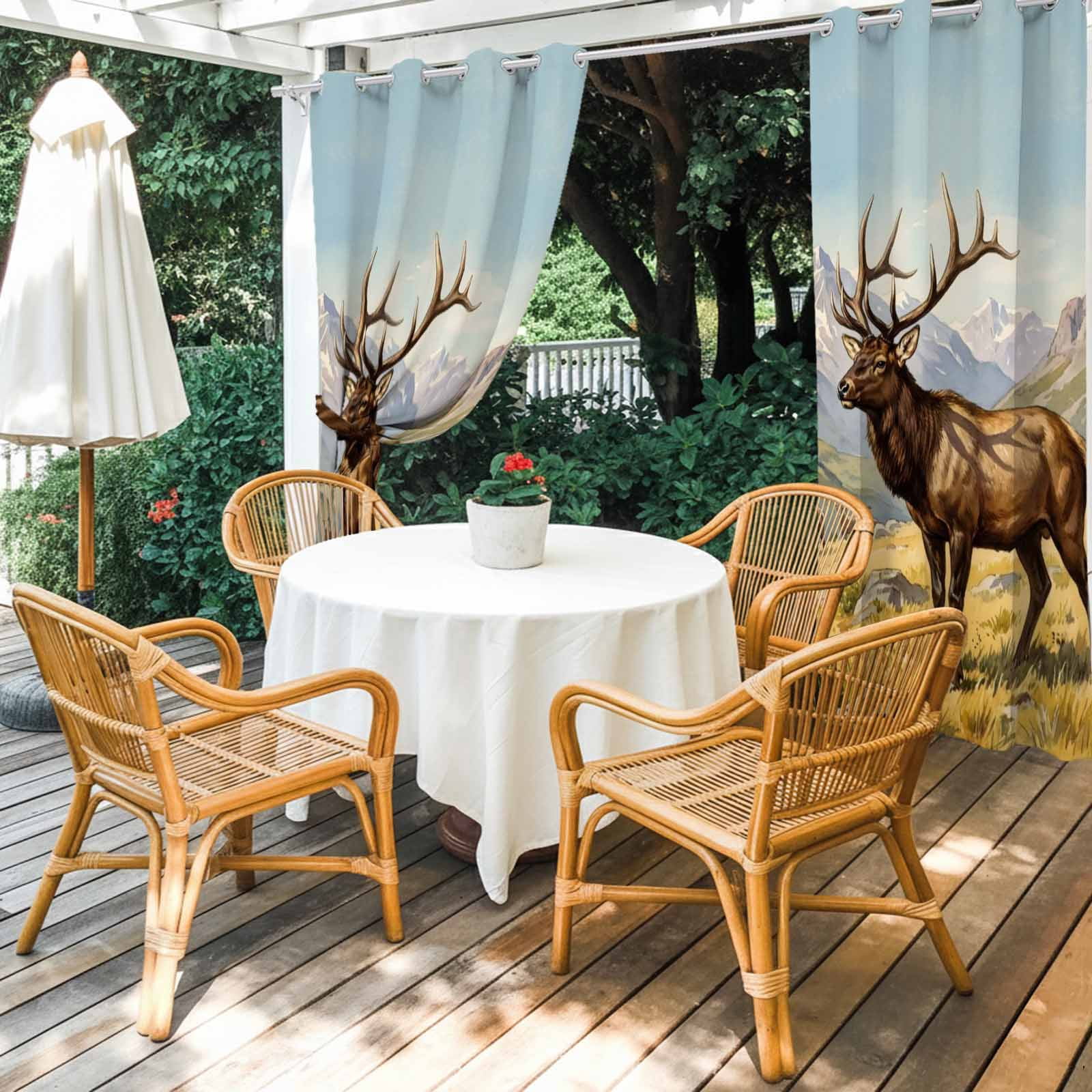 Majestic Elk Outdoor Curtains for Patio, Brown Wildlife Animal Rocks Snowcap Alpine Meadow Farm Sunshade Privacy Drapes Grommet Waterproof Outside Curtains for Porch/Cabana/Balcony 54"x 108", 1 Panel