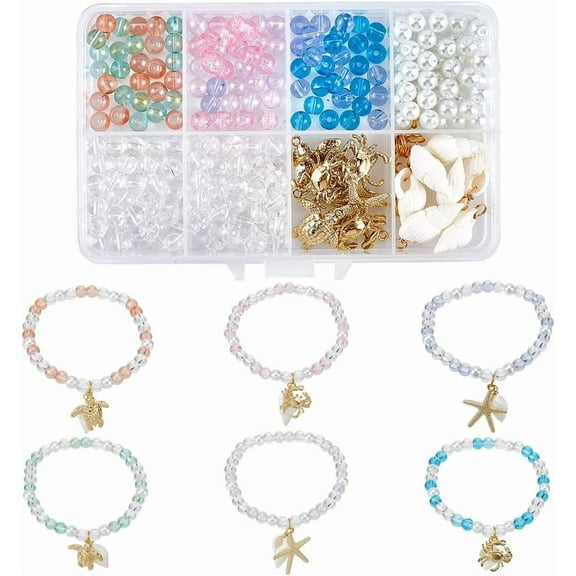 1 Box 248pcs DIY 6 Sets Summer Bracelet Making Kit Ocean Animal Beads Beach Gold Starfish Sea Theme Turtle Crab Star Seashell Beads for DIY handcrafting