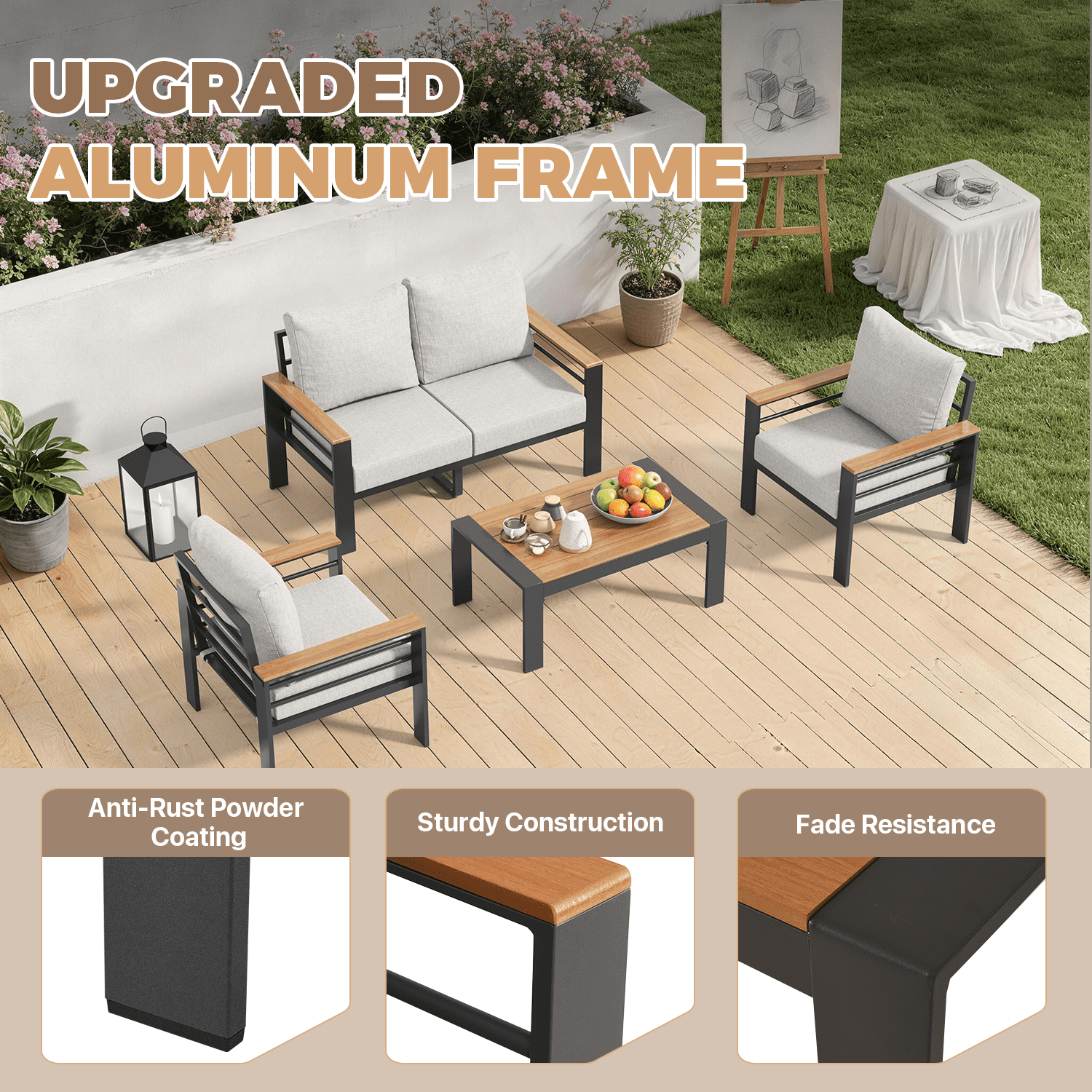 BaPiPro 4-Seats Outdoor Patio Conversation Set with Coffee Table & Cushions - Aluminum Frame Outdoor Furniture Set for Terrace, Garden, Poolside, Gray