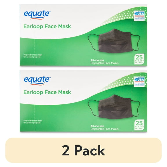 (2 pack) Equate Earloop Disposable Face Masks, Black, 25 Count