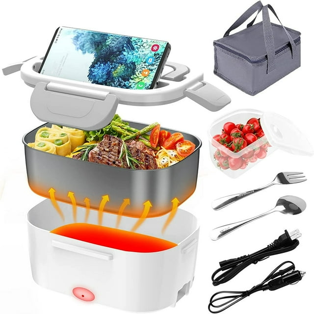 Electric Lunch Box 60W Food Warmer Heater 12V 24V 110V Faster Heated Lunch Box for Car/Truck/Home Portable Heating Boxes with 1.5L 306 SS Container Fork & Spoon