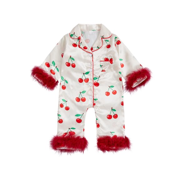 RUINIXCW Baby Girl Silk Satin Pajamas Romper Infant Baby Girls Spring Fall Clothes Sleepwear Cherry Print Fur Trim Button Down Long Sleeve Jumpsuit