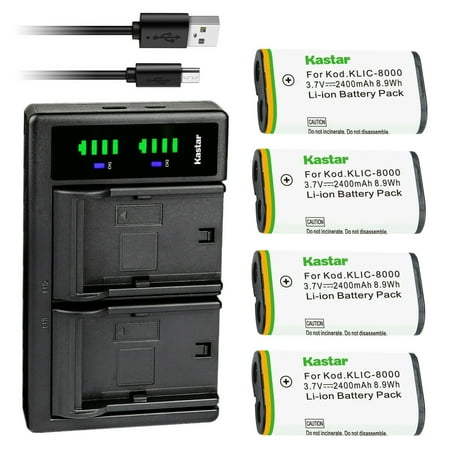 Image of Kastar 4-Pack KLIC-8000 Battery and LTD2 USB Charger Replacement for Kodak Z885 Z1012 IS Z1015 IS Z1085 IS Z1485 IS Z612 IS Z712 IS Z812 IS Z8612 IS Pocket Video Camera ZX1 Digital Camera