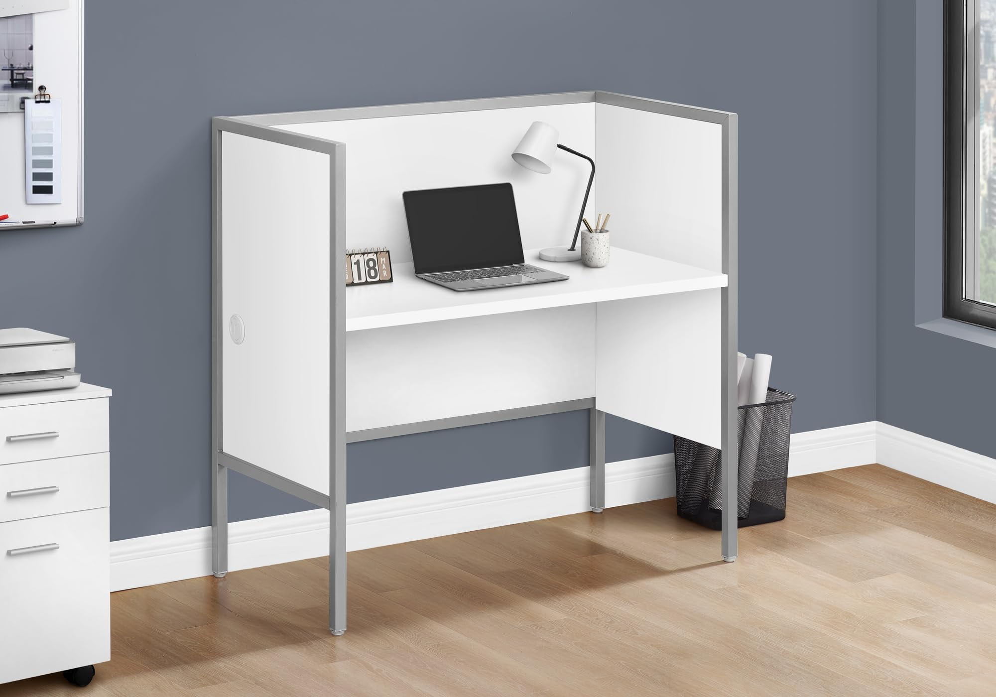Office Cubicle - 48"L - Desk Commercial Grade - White Laminate - Silver Metal