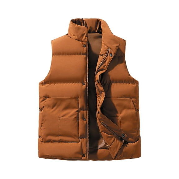 Dwelliawo Winter Vest for Men Padded Jacket Winter Loose Puffer Stand Collar Vest Lightweight Warm Thick Coat Hiking Travel Outerwear Ginger 3XL