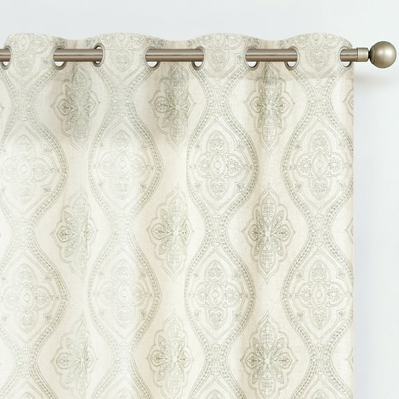 JINCHAN Embroidery Flax Linen Curtains for Living Room Grommet Top Window Curtains 2 Panels Light Filtering Drapes for Bedroom Green on Beige W50 x L96