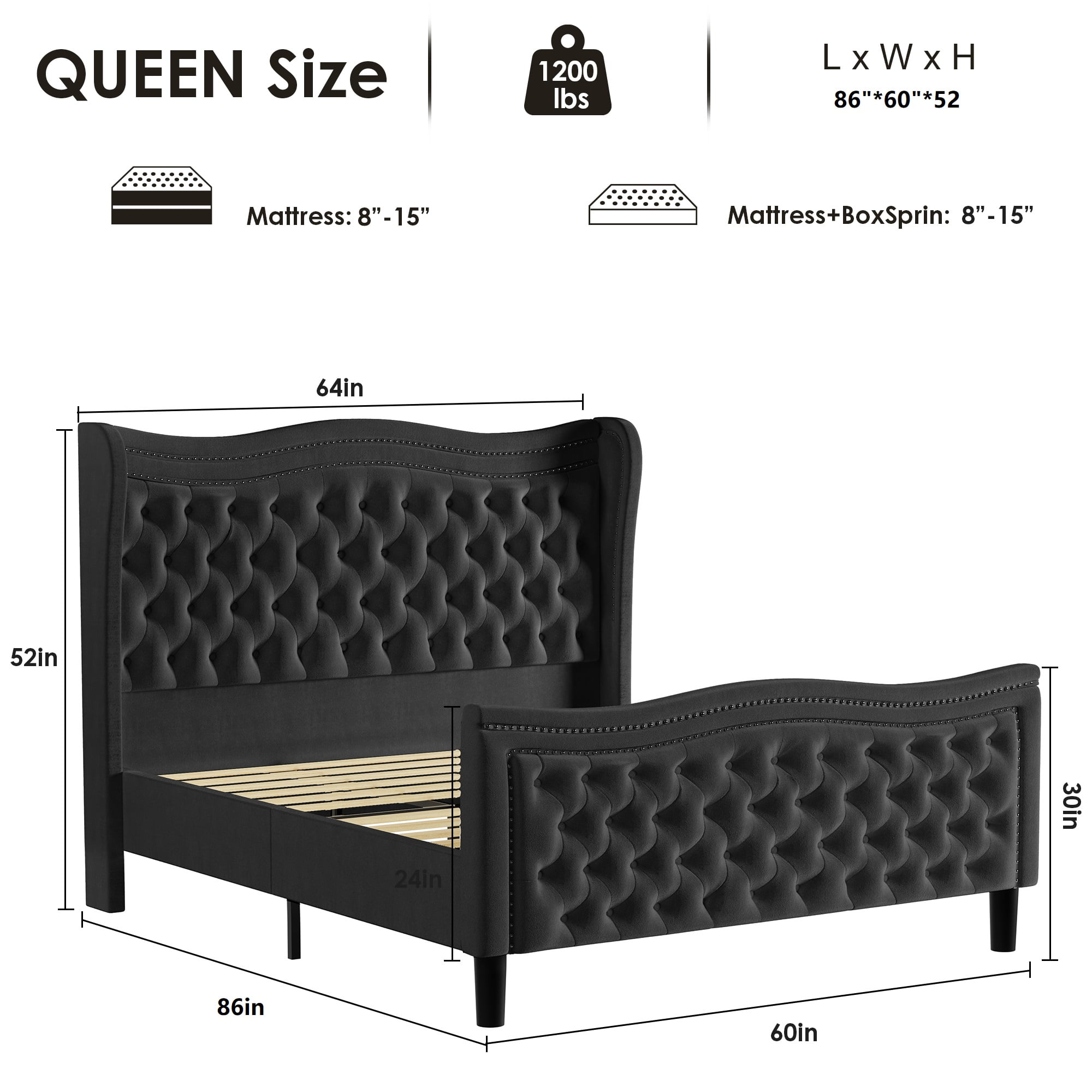 Miniyam Velvet Queen Size Bed with Button-Tufted Wingback Headboard for Adult, Black