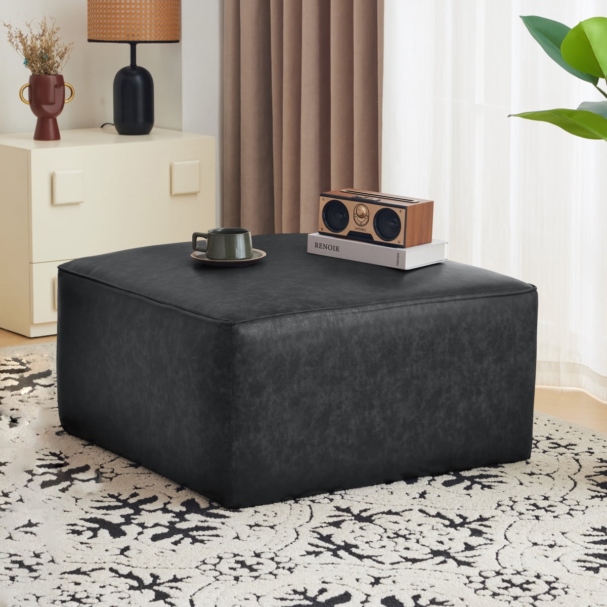 Upholstered Square PU Leather Ottoman, Black