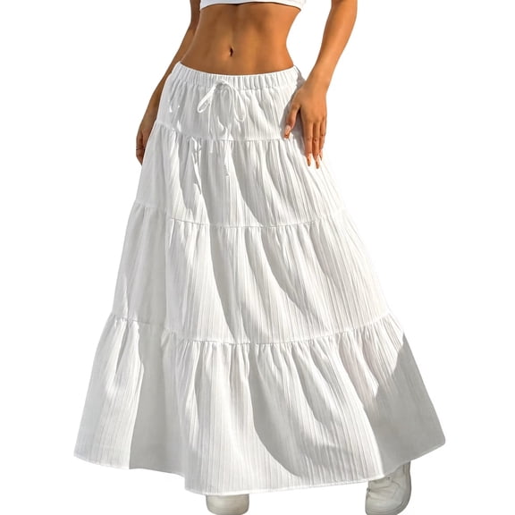 JIRNYORLL Womens Boho Flowy Maxi Skirt Ruffle Tiered Elastic Waist Beach Vacation Casual Long Skirts, White S