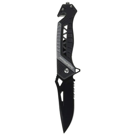 Smith & Wesson SW608S Liner Lock Folding Knife, Black 8cr13mov high carbon stainless steel partially serrated drop point blade with ambidextrous thumb Hole By Smith
