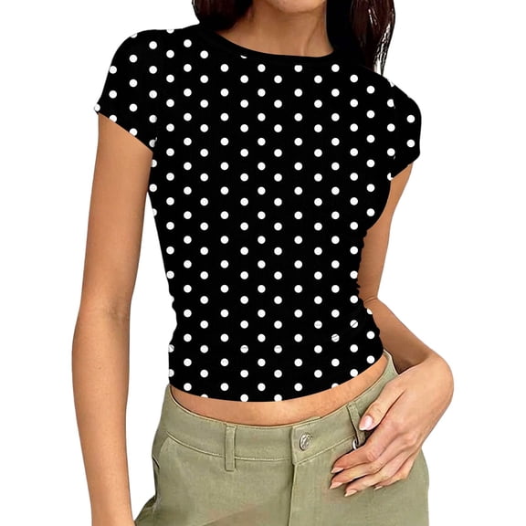 Htigea Women Polka Dot Crop Tshirt Y2K Short Sleeve Round Neck Tee Cute Shirt Summer Going Out Tops Black S