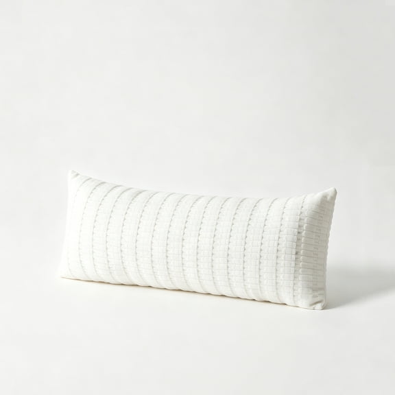 White Striped Lumbar Pillowcase – Rectangular Knitted Decorative Long Pillowcase for Bed and Sofa, Modern Cream Colored Home Accent