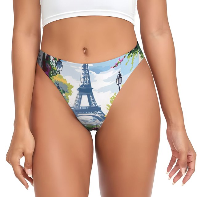 Fotbe Parisian Cafe With Eiffel Tanga Sin Costuras para Mujer con Estampado – Panties Invisibles, Transpirables y Cómodos para Uso Diario-4X-Large