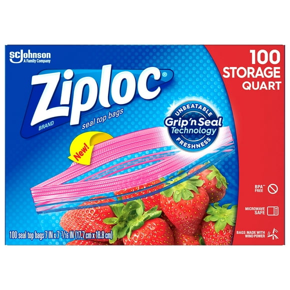 Ziploc Storage Bags with New Grip 'n Seal Technology, for Food, Sandwich, Organization and More, Quart, 100 Count
