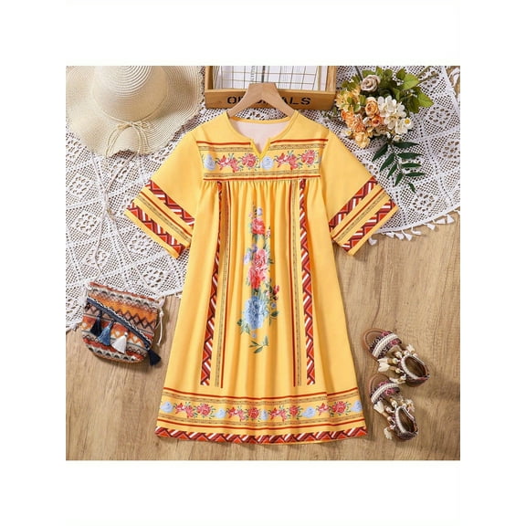 Drtj Girls' Yellow Floral Boho Dress, Summer Casual Sundress for Ages 8 - 12