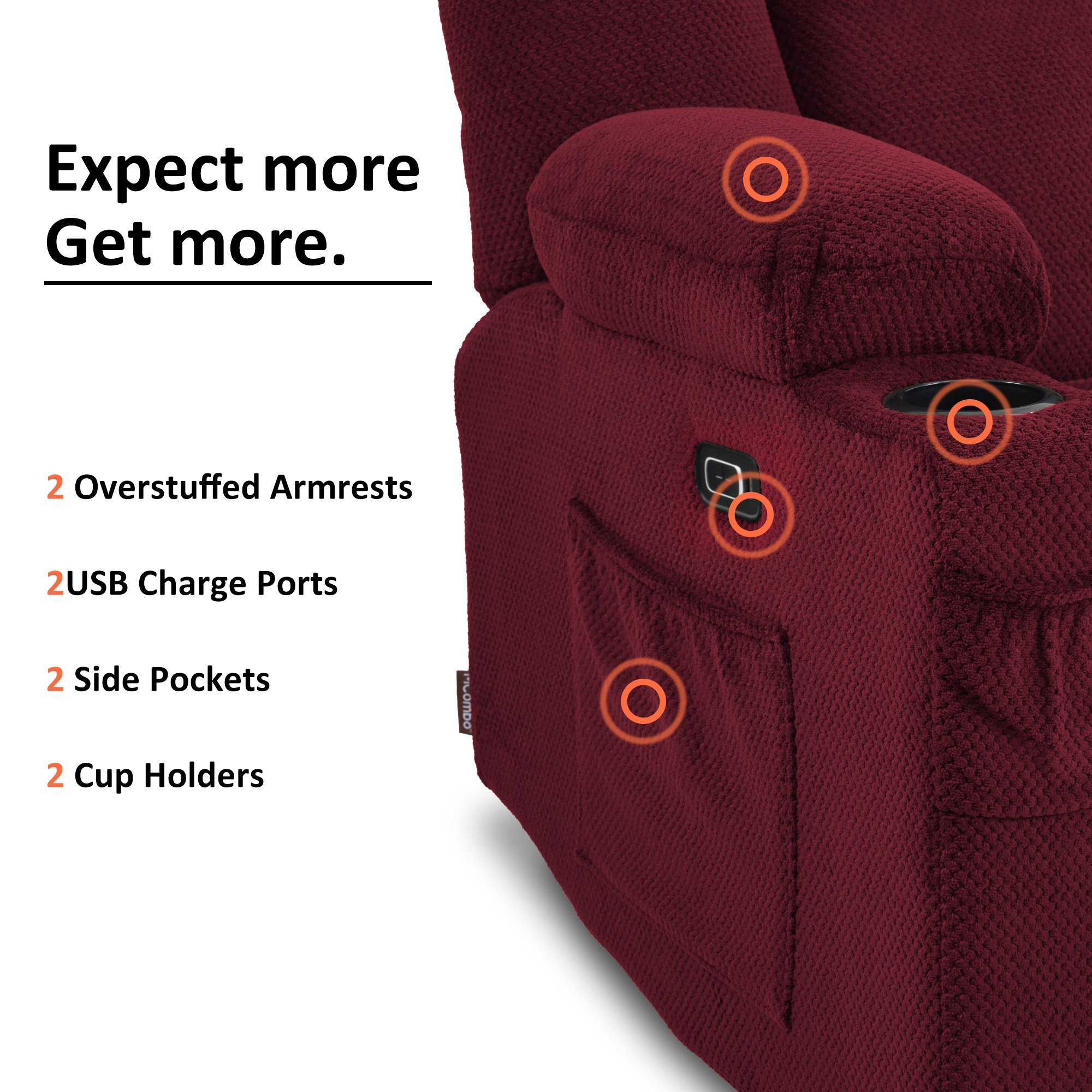 MCombo Power Loveseat Recliner w/ Massage USB Port for Living Room Burgundy Fabric 6025