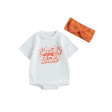 

Newborn Girl Outfit Short Sleeve Crew Neck Letters Print Romper with Hairband Halloween Clothes 0-24 Months