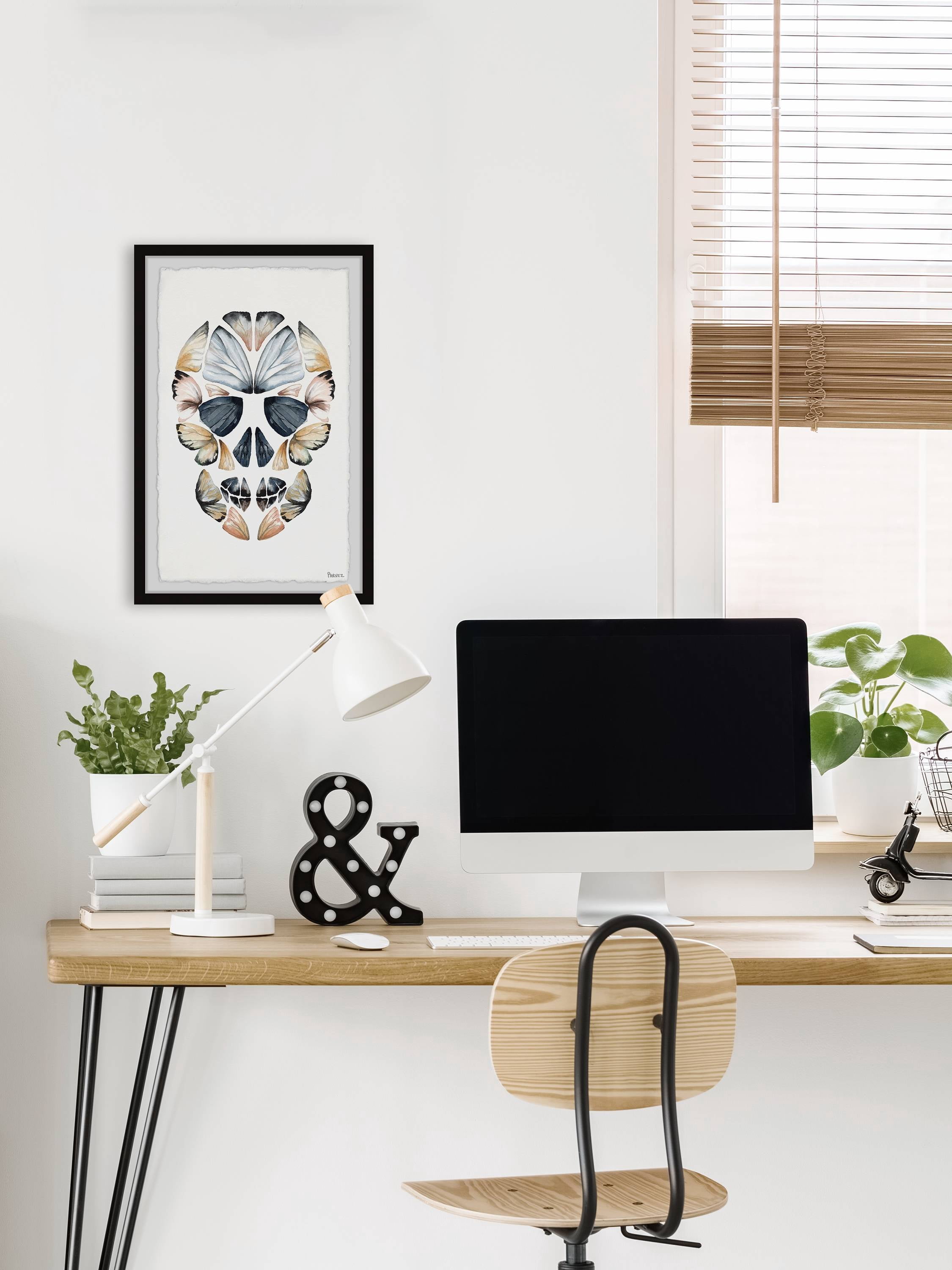 Parvez Taj "Yellow Kaleidoscope Butterfly Skull" Framed Painting Print