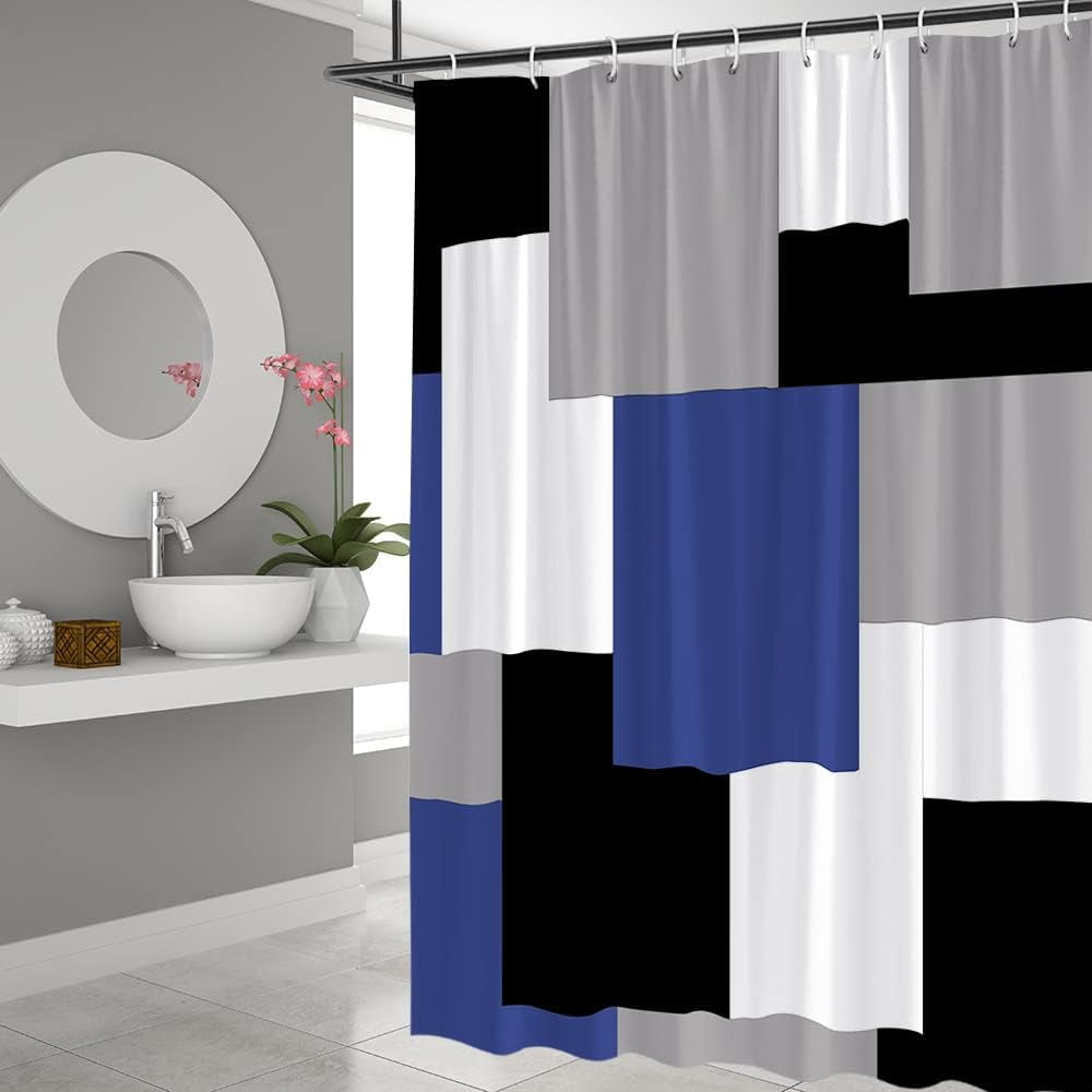 Modern Geometric Shower Curtain Blue and Gray White Black Bathroom Accessories Decor Polyester Bath Curtain Textured Fabric with Hooks Machine Washable 36Wx70H Inch