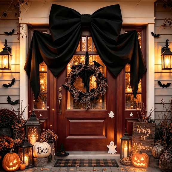Giant Black Bow Halloween Decor, 48 x 24 Inch Large Bow for Front Door Wall Mantle, Indoor Outdoor Party Decoration, Christmas Tree Topper