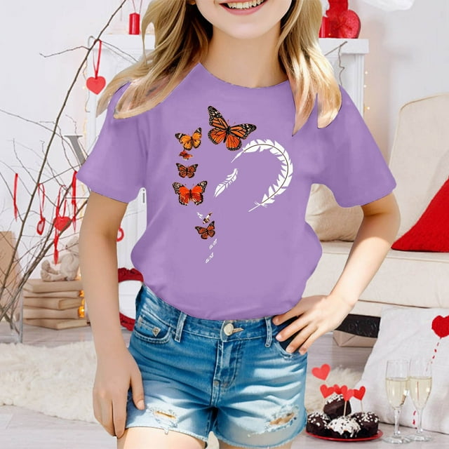 Hauts pour Filles pour Activités Extérieures d'Été / T-Shirts à Col Rond Confortables avec Imprimés / Vêtements Extensibles et Respirants pour Enfants de 3 à 13 Ans