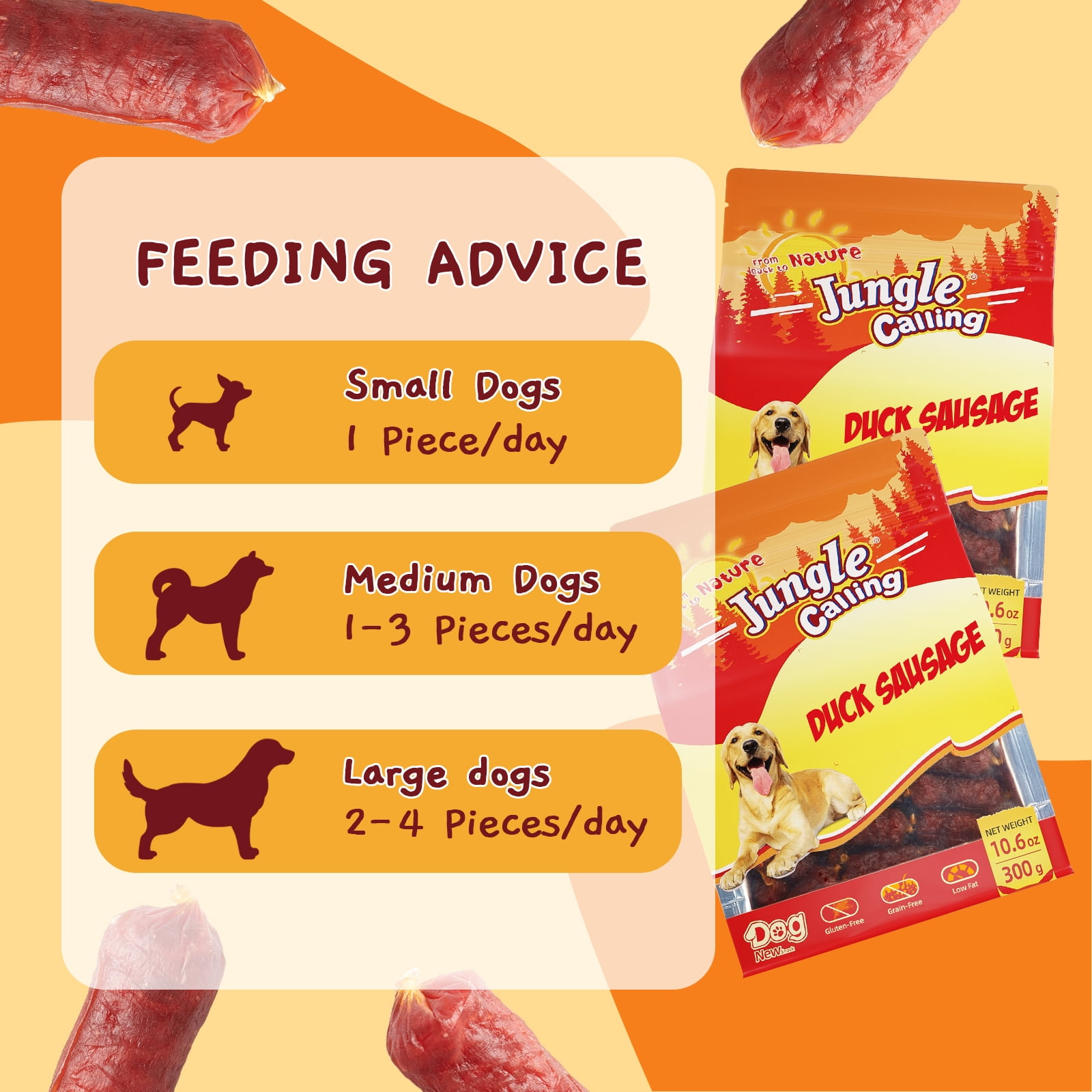 (5 pack) Jungle Calling Duck Sausage Dog Treats, Single Ingredient Duck Jerky for Small & Medium Dogs, 10.6 oz