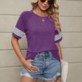thumbnail image 3 of Top de mujer con manga a rayas, cuello redondo, manga corta, camiseta básica informal holgada para verano, color morado S, 3 of 8
