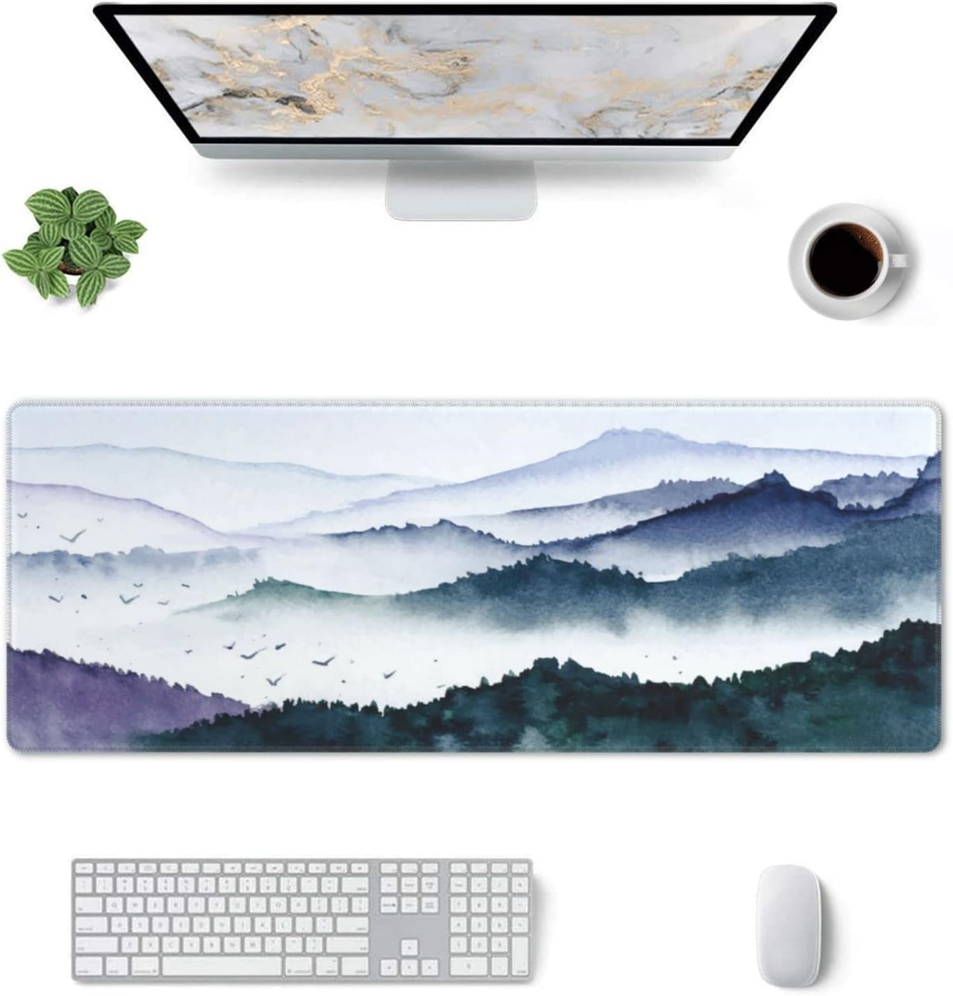 Forest Mountain Bird Fog Landscape Mouse Pad Long Extended XL Mousepad Desk Pad Gaming Pc Desktop Large Rubber Mice Pads Stitched Edges 31.5'' X 11.8''