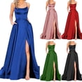 thumbnail image 2 of Quixlent Evening Dress Spaghetti Strap High Slit Off Shoulder Backless Sleeveless Side Pockets A-line Floor Length Satin Pure Color Prom Banquet Party Maxi Dress, 2 of 8