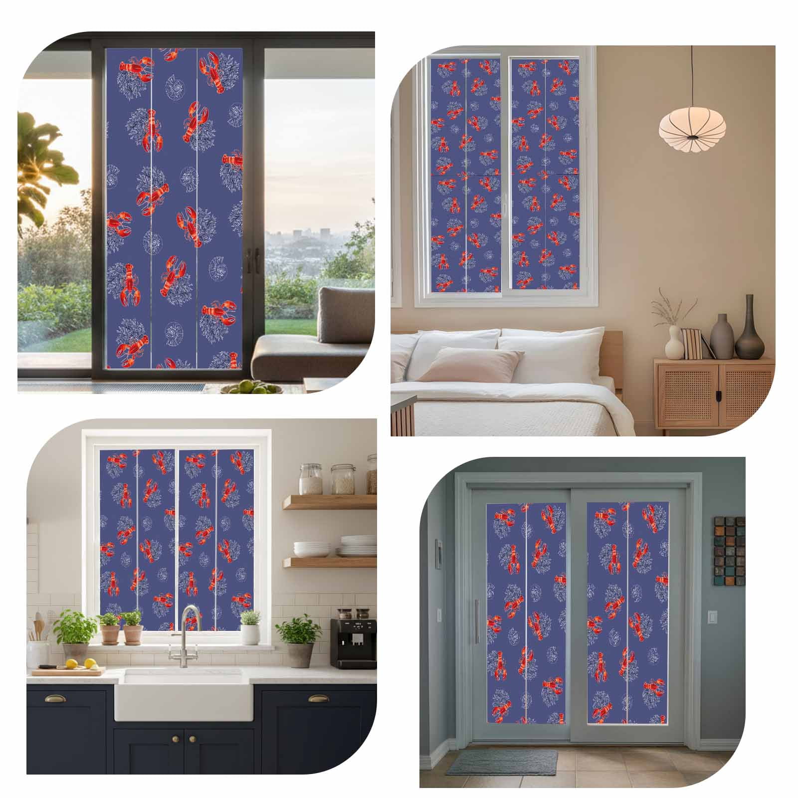 Marine Life Window Privacy Film, Vintage Red Lobster Shell Coral Frosted Glass Window Clings Static Cling UV Heat Blocking Reusable Door Sticker for Bathroom 23.6 x 59 Inch